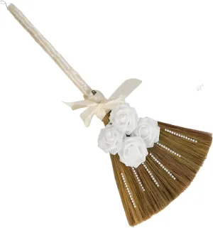 Wedding Broom for Jumping Ceremony, Decorative Broomstick DIY with Ribbons Artificial Roses & Sticky Pearl, African American Jumping The Broom for Wedding
