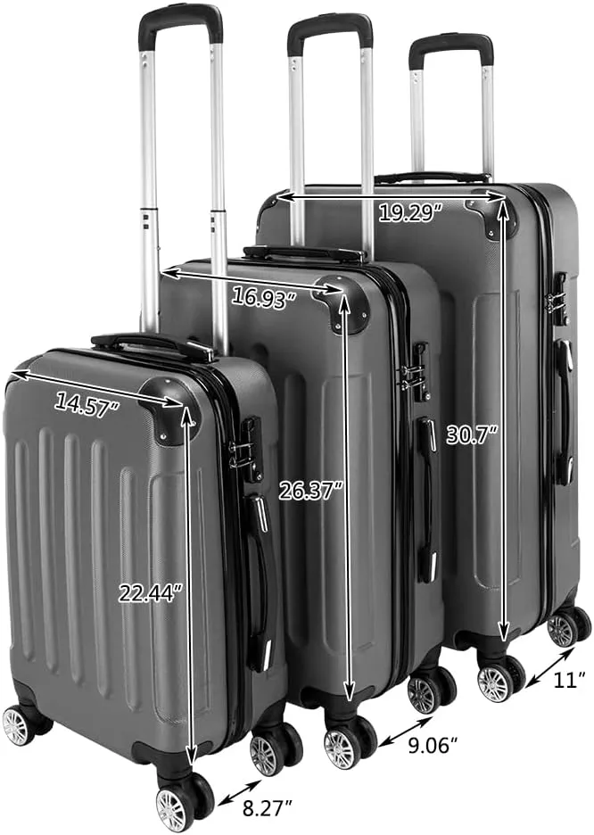 WEI WEI GLOBAL 3-Piece Luggage Sets - Suitcases with Double Silent Wheels - Travel Bag ABS Trolley Suitcase - Traveling Storage Suitcase Set (20", 24", & 28") - Dark Gray