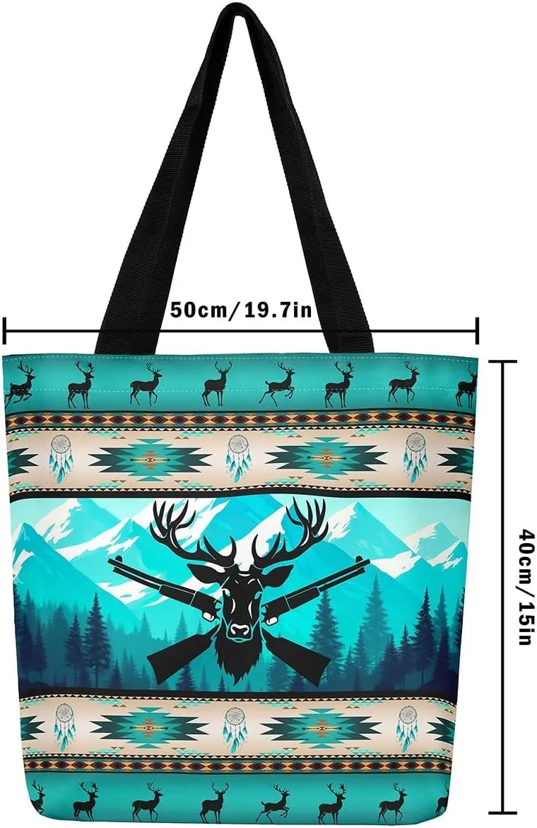 Western Canvas Tote Bag Gothic Bull Skull Beach Bag,Cowboy Hat Rustic Cowboy Boots Exotic Cow Horse Handbag