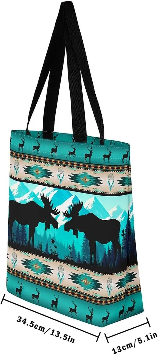 Western Canvas Tote Bag Gothic Bull Skull Beach Bag,Cowboy Hat Rustic Cowboy Boots Exotic Cow Horse Handbag