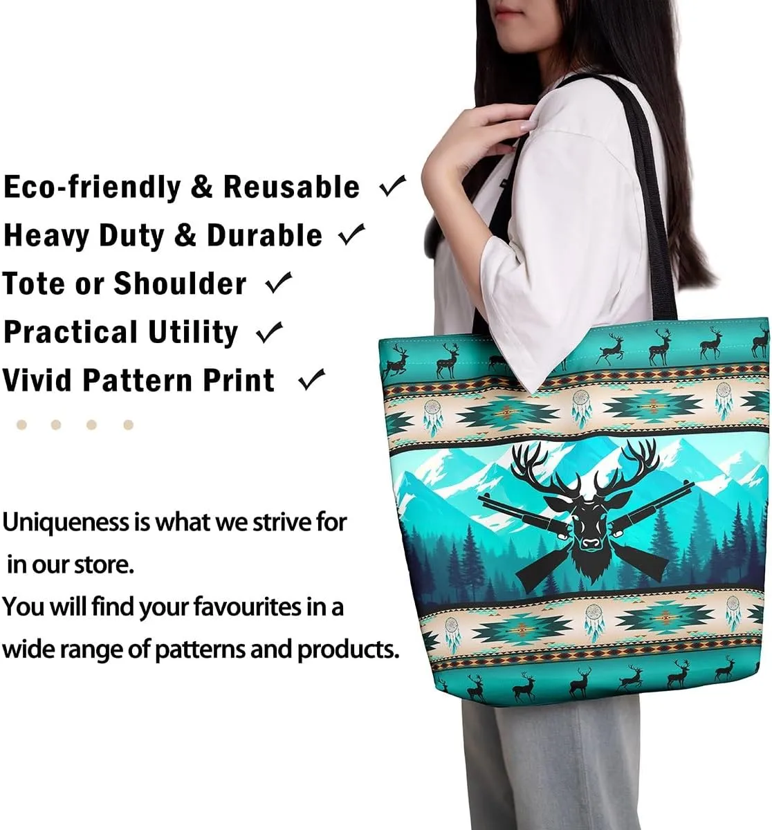 Western Canvas Tote Bag Gothic Bull Skull Beach Bag,Cowboy Hat Rustic Cowboy Boots Exotic Cow Horse Handbag