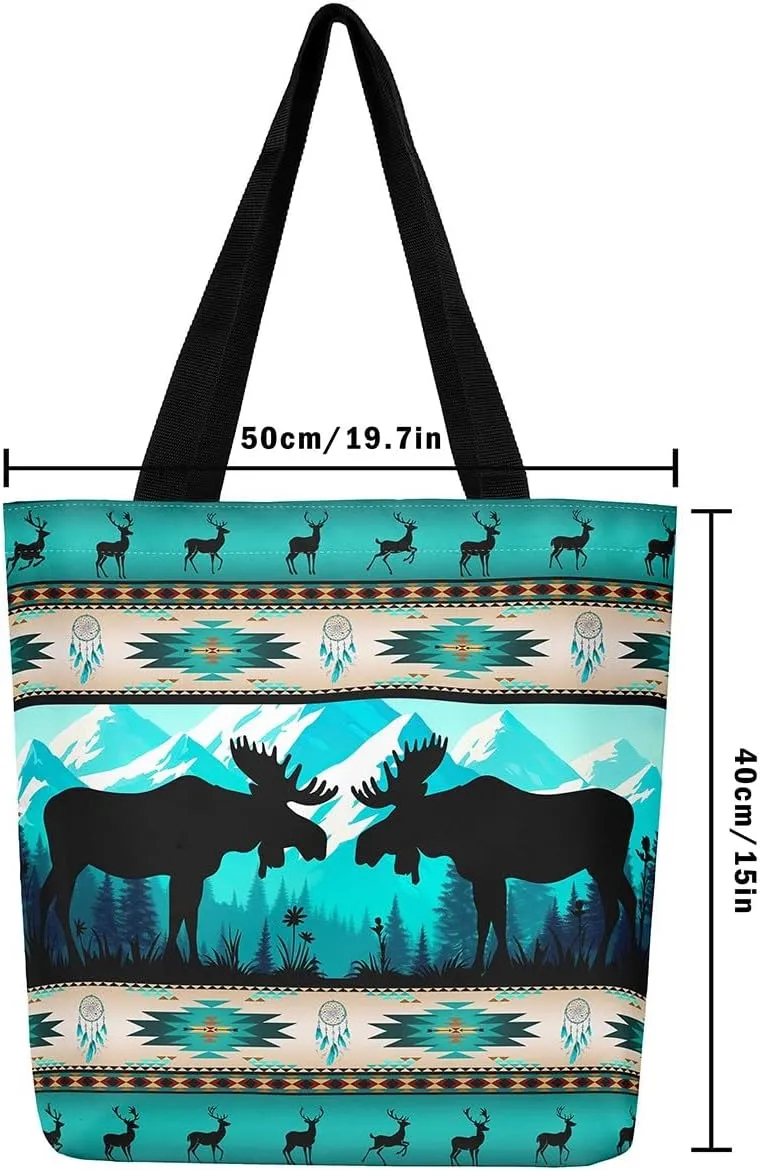 Western Canvas Tote Bag Gothic Bull Skull Beach Bag,Cowboy Hat Rustic Cowboy Boots Exotic Cow Horse Handbag