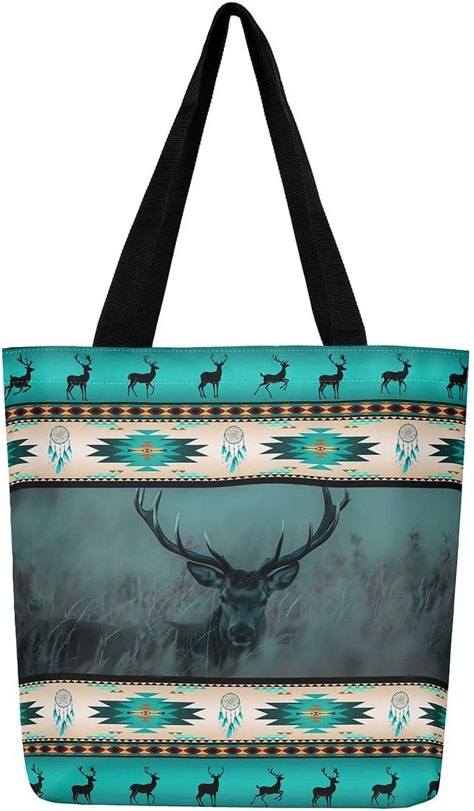 Western Canvas Tote Bag Gothic Bull Skull Beach Bag,Cowboy Hat Rustic Cowboy Boots Exotic Cow Horse Handbag