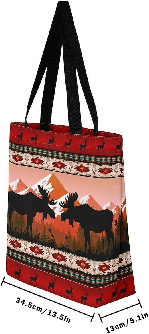 Western Canvas Tote Bag Gothic Bull Skull Beach Bag,Cowboy Hat Rustic Cowboy Boots Exotic Cow Horse Handbag