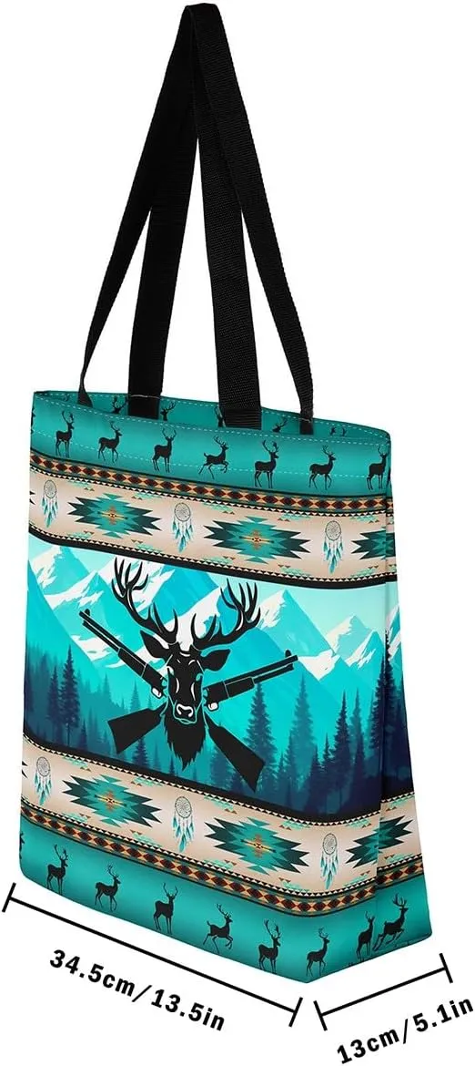 Western Canvas Tote Bag Gothic Bull Skull Beach Bag,Cowboy Hat Rustic Cowboy Boots Exotic Cow Horse Handbag