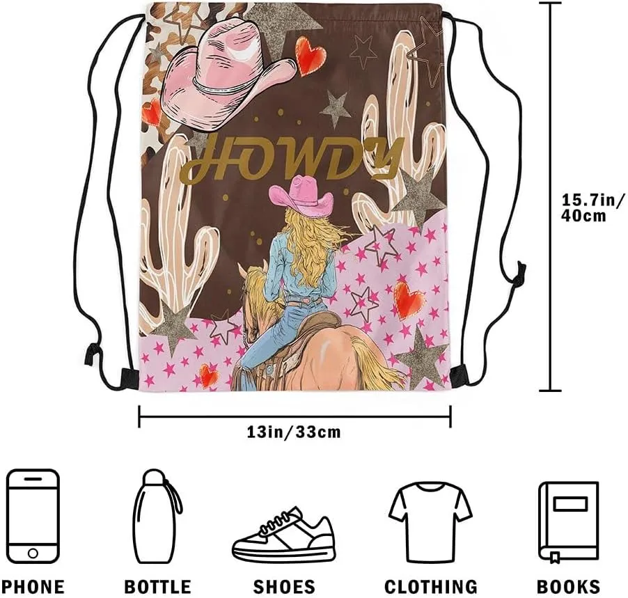 Western Drawstring Backpack 13x15.7, Cowboy Cowgirl Hat Howdy Foldable String Bag, Wild West Horse Sackpack For Sport Gym Camping, Boho Cactus Exotic Waterproof Cinch Bags
