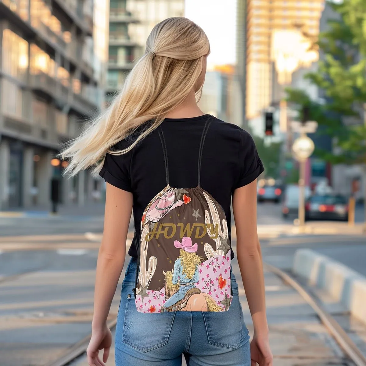 Western Drawstring Backpack 13x15.7, Cowboy Cowgirl Hat Howdy Foldable String Bag, Wild West Horse Sackpack For Sport Gym Camping, Boho Cactus Exotic Waterproof Cinch Bags