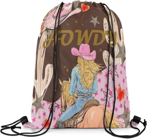 Western Drawstring Backpack 13x15.7, Cowboy Cowgirl Hat Howdy Foldable String Bag, Wild West Horse Sackpack For Sport Gym Camping, Boho Cactus Exotic Waterproof Cinch Bags