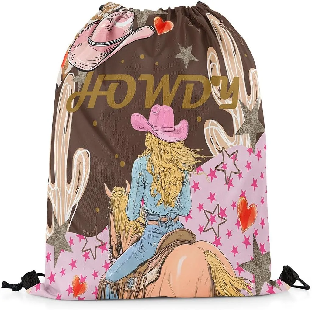 Western Drawstring Backpack 13x15.7, Cowboy Cowgirl Hat Howdy Foldable String Bag, Wild West Horse Sackpack For Sport Gym Camping, Boho Cactus Exotic Waterproof Cinch Bags