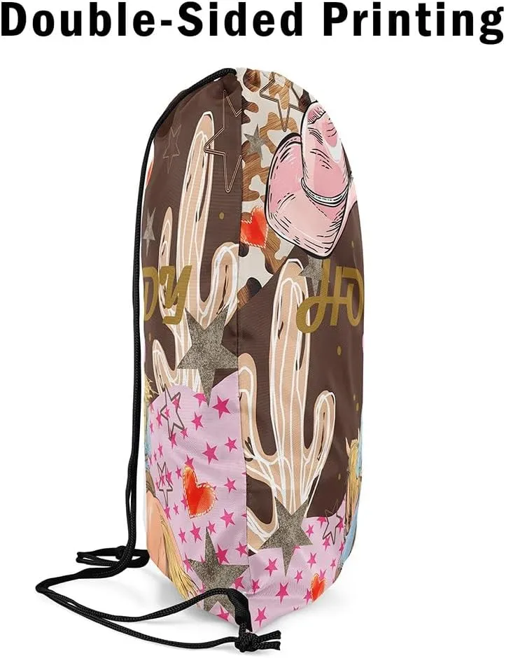 Western Drawstring Backpack 13x15.7, Cowboy Cowgirl Hat Howdy Foldable String Bag, Wild West Horse Sackpack For Sport Gym Camping, Boho Cactus Exotic Waterproof Cinch Bags