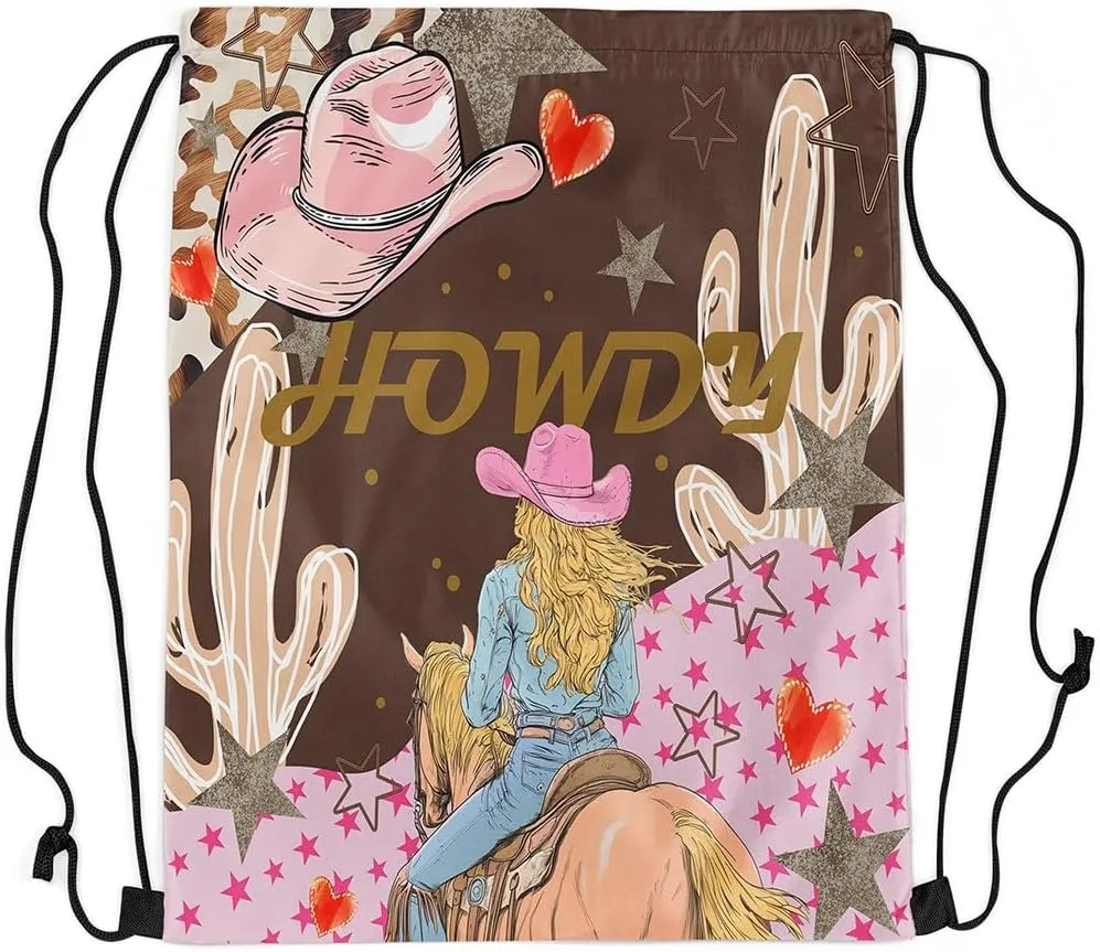 Western Drawstring Backpack 13x15.7, Cowboy Cowgirl Hat Howdy Foldable String Bag, Wild West Horse Sackpack For Sport Gym Camping, Boho Cactus Exotic Waterproof Cinch Bags