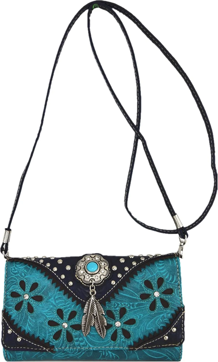 Western Feather Tooled Leather Floral Laser Cut Flower Purse Studs Single Shoulder Bag Clutch Women Trifold Wristlets Wallet (Turquoise)