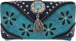 Western Feather Tooled Leather Floral Laser Cut Flower Purse Studs Single Shoulder Bag Clutch Women Trifold Wristlets Wallet (Turquoise)