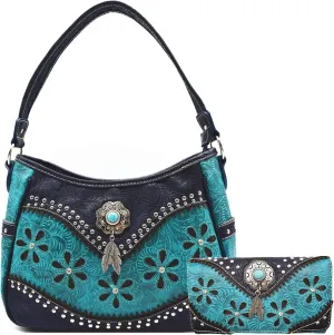 Western Handbag Tooled Leather Feather Concealed Carry Purse Women Country Shoulder Bag Wallet Set Turq
