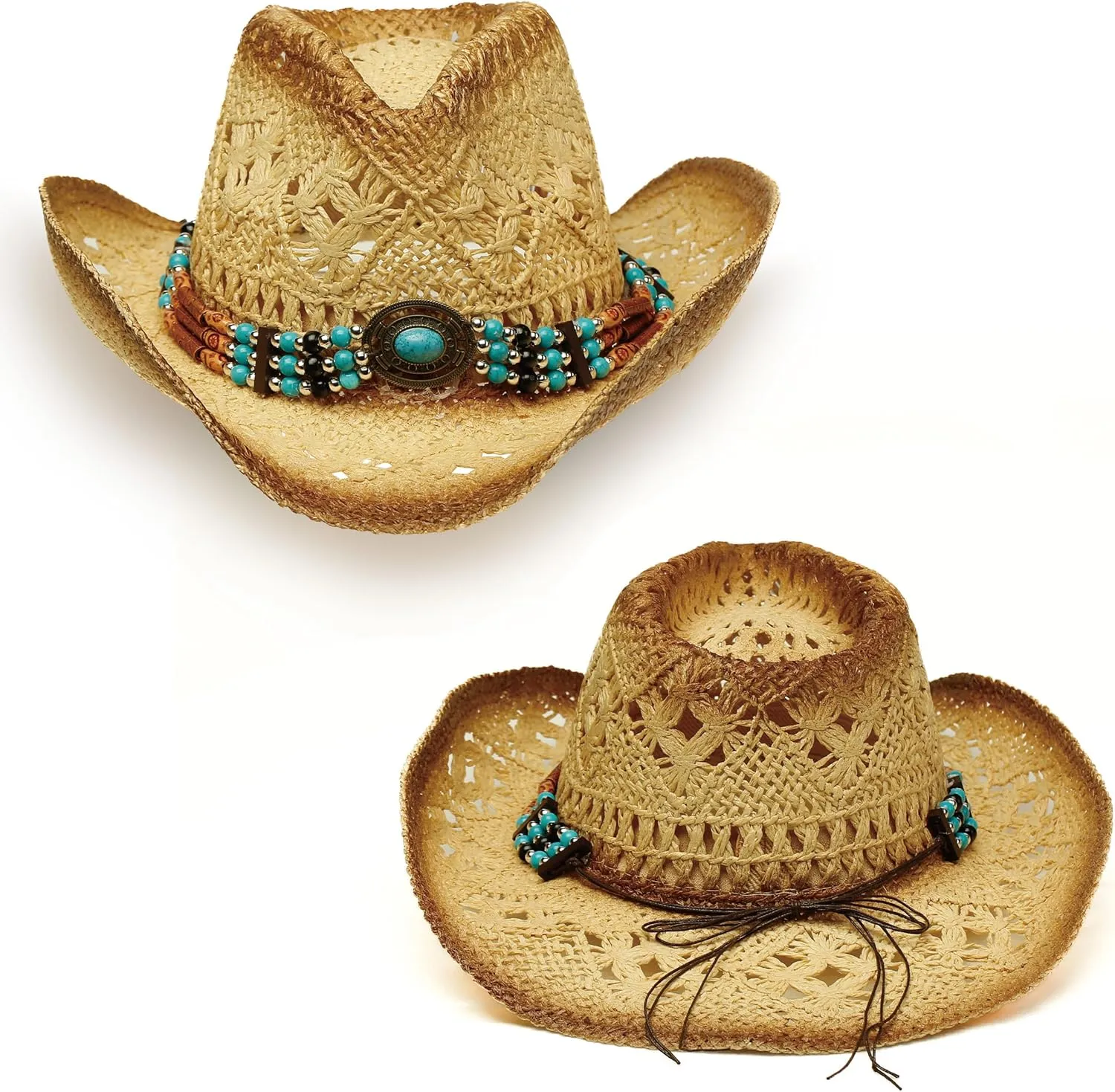 Western Straw Cowboy and Cowgirl Hats with Decorative Bands - Unisex Wide Brim Raffia Style Sun Hat
