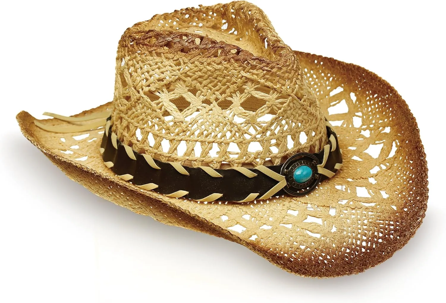 Western Straw Cowboy and Cowgirl Hats with Decorative Bands - Unisex Wide Brim Raffia Style Sun Hat
