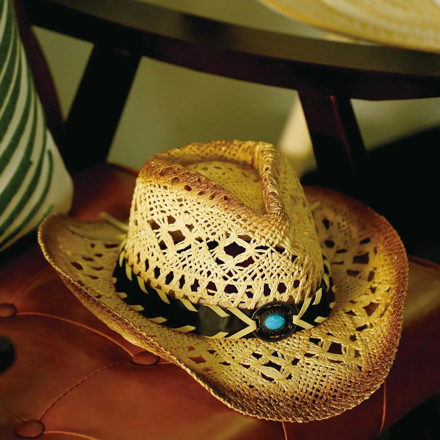Western Straw Cowboy and Cowgirl Hats with Decorative Bands - Unisex Wide Brim Raffia Style Sun Hat