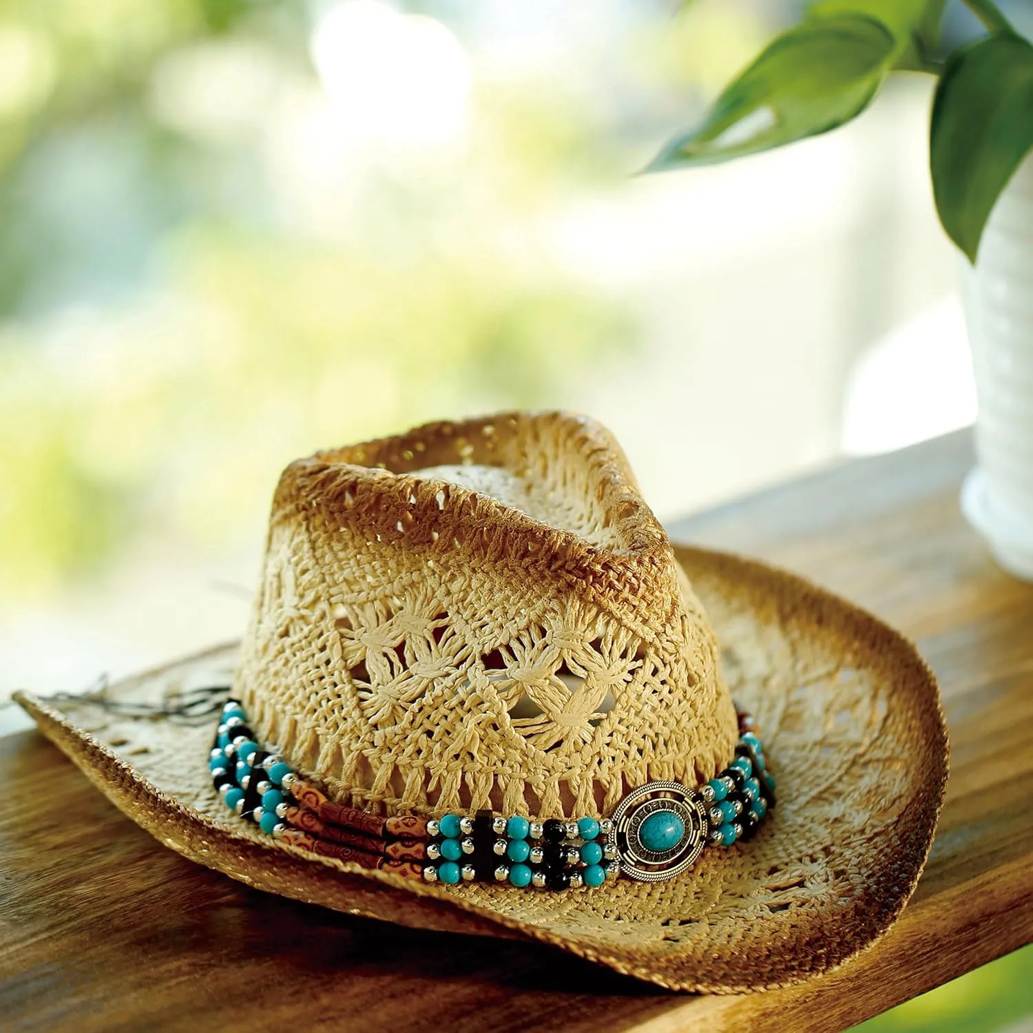 Western Straw Cowboy and Cowgirl Hats with Decorative Bands - Unisex Wide Brim Raffia Style Sun Hat