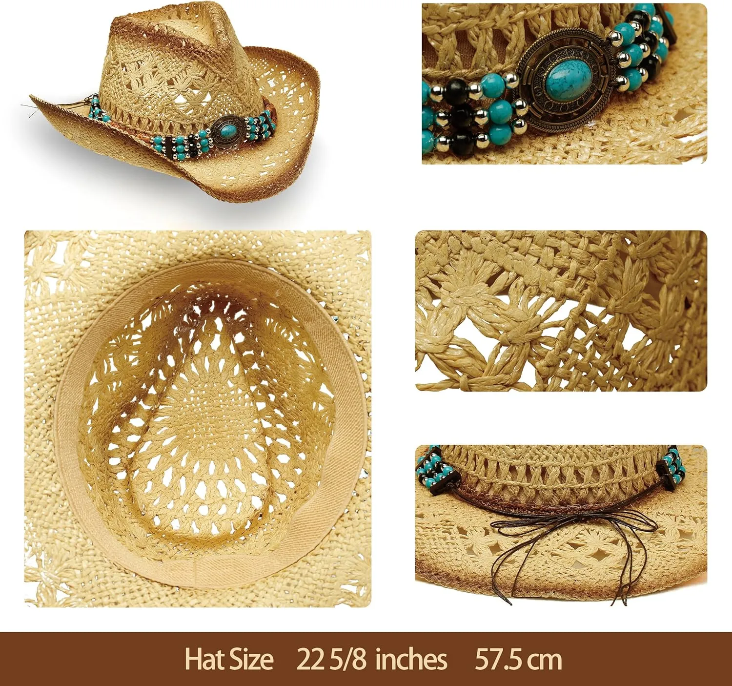 Western Straw Cowboy and Cowgirl Hats with Decorative Bands - Unisex Wide Brim Raffia Style Sun Hat