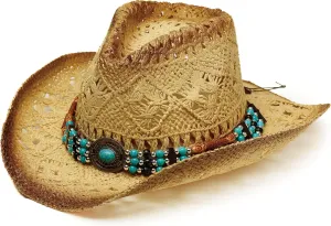 Western Straw Cowboy and Cowgirl Hats with Decorative Bands - Unisex Wide Brim Raffia Style Sun Hat