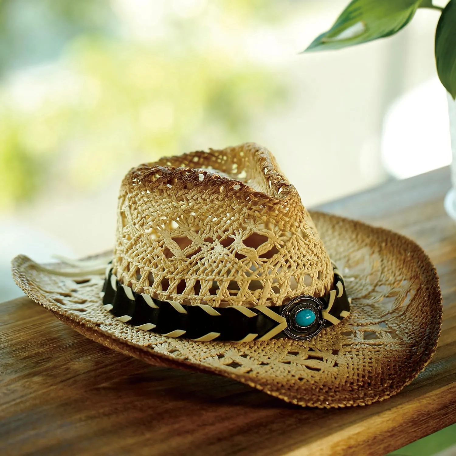 Western Straw Cowboy and Cowgirl Hats with Decorative Bands - Unisex Wide Brim Raffia Style Sun Hat