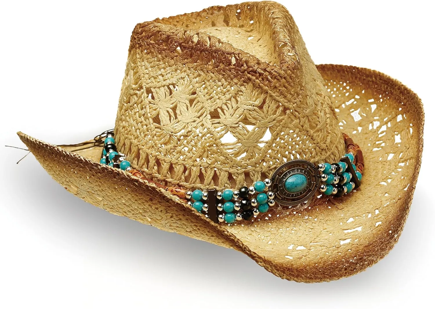 Western Straw Cowboy and Cowgirl Hats with Decorative Bands - Unisex Wide Brim Raffia Style Sun Hat