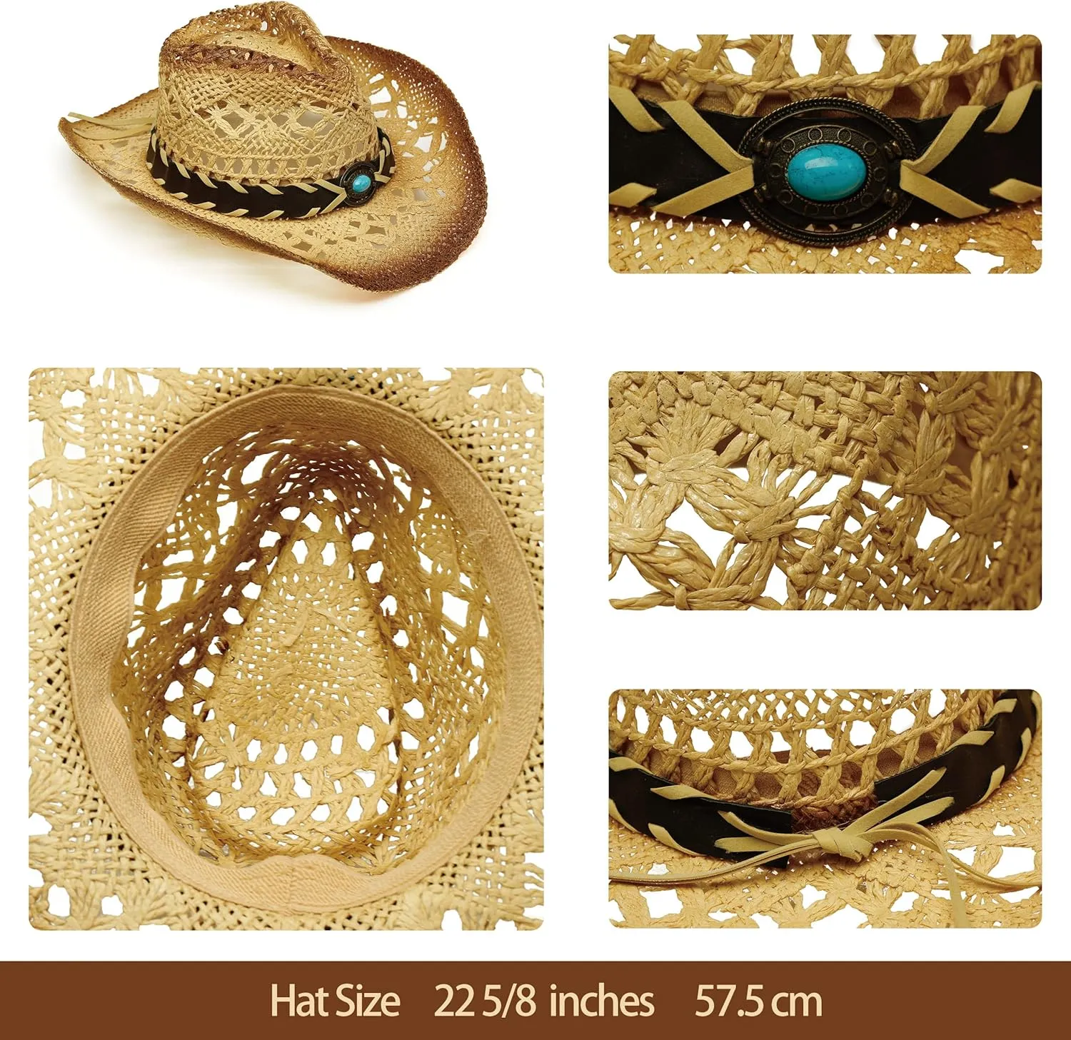 Western Straw Cowboy and Cowgirl Hats with Decorative Bands - Unisex Wide Brim Raffia Style Sun Hat