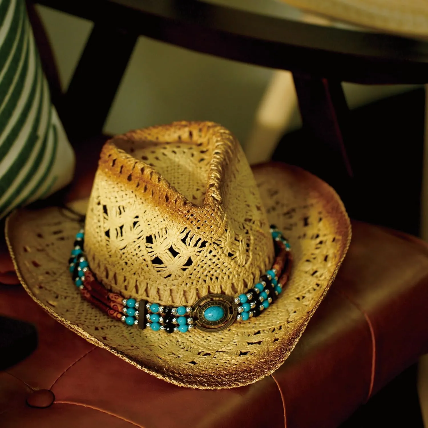 Western Straw Cowboy and Cowgirl Hats with Decorative Bands - Unisex Wide Brim Raffia Style Sun Hat