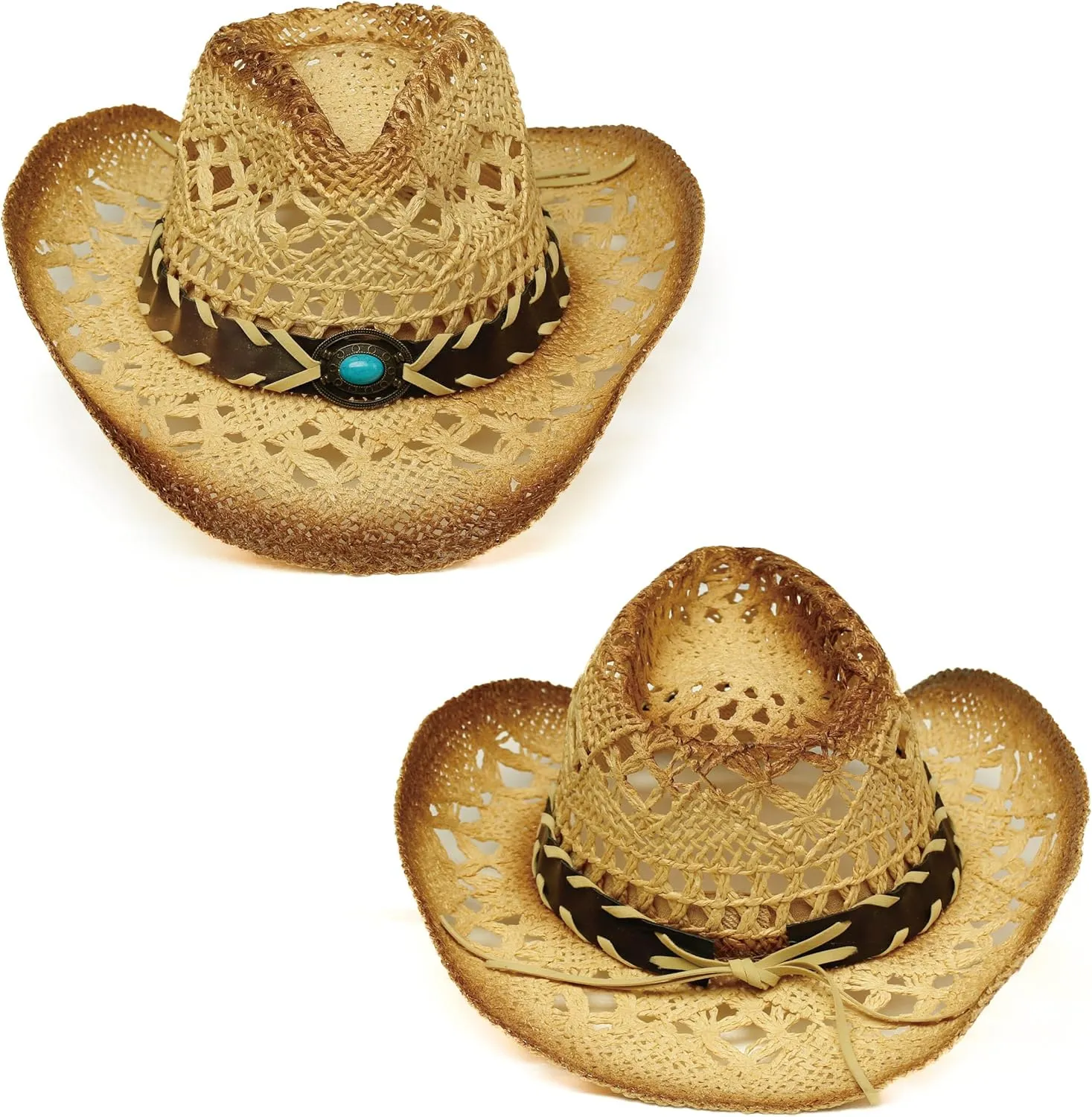 Western Straw Cowboy and Cowgirl Hats with Decorative Bands - Unisex Wide Brim Raffia Style Sun Hat