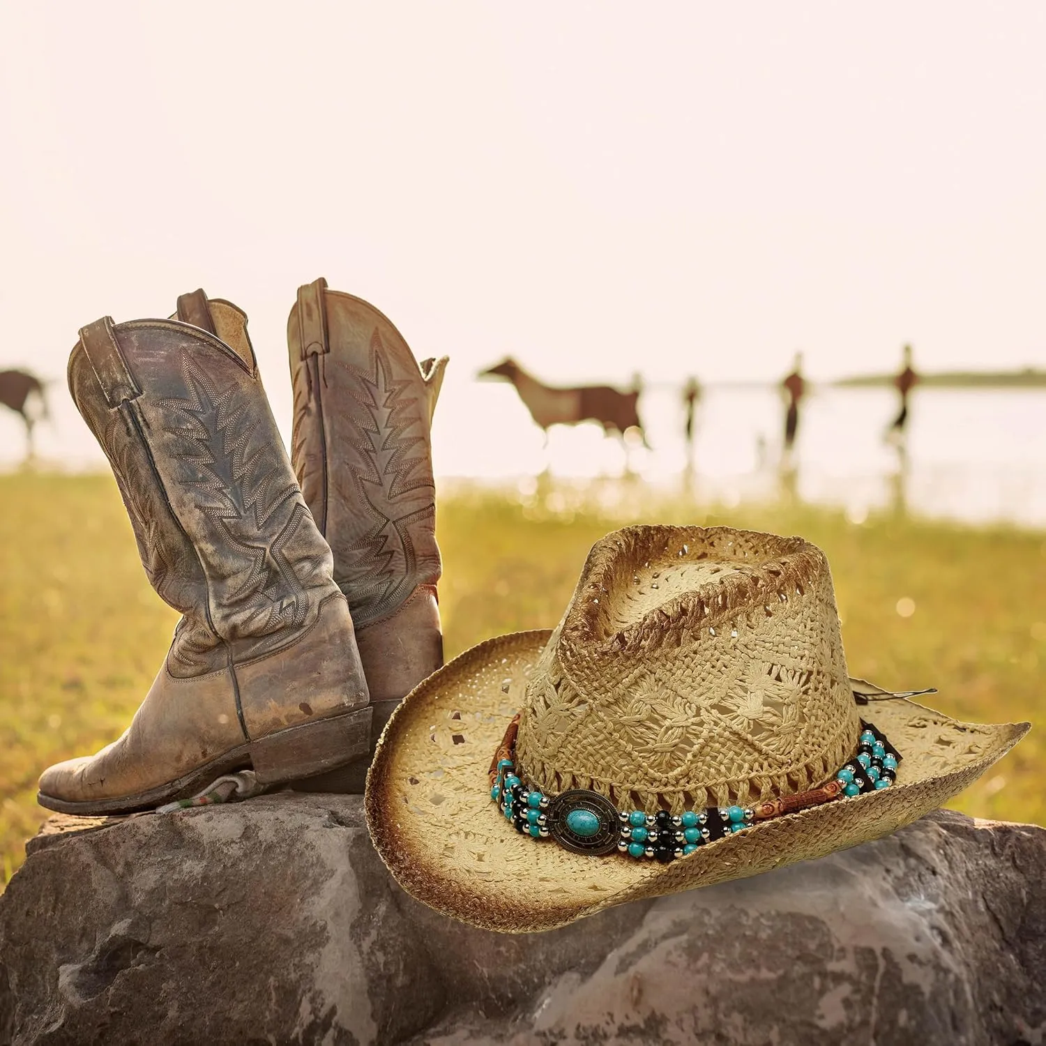 Western Straw Cowboy and Cowgirl Hats with Decorative Bands - Unisex Wide Brim Raffia Style Sun Hat