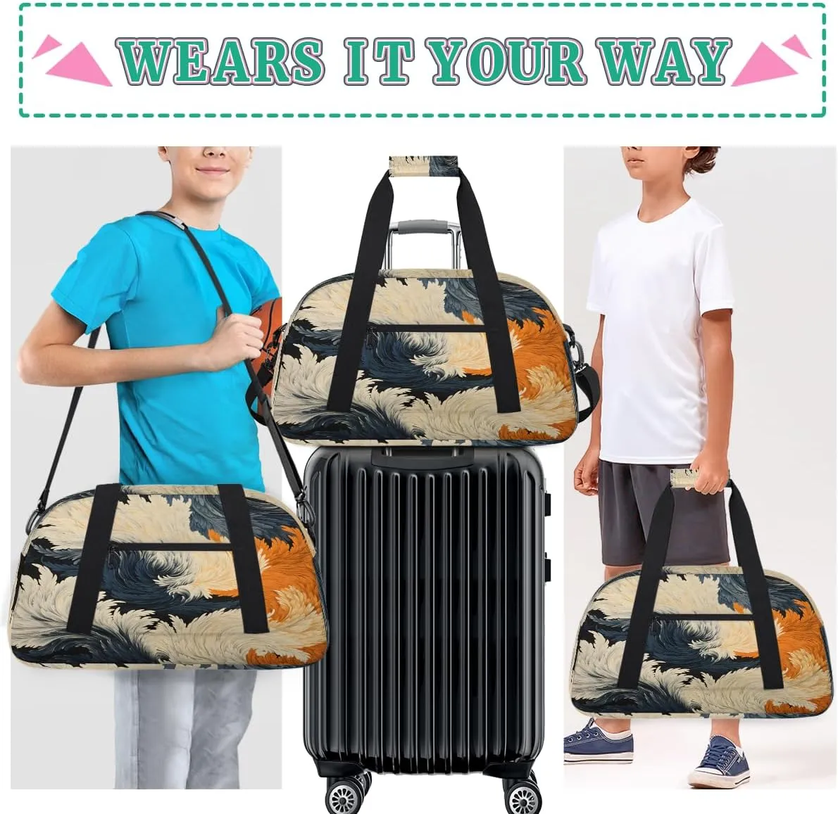 White Feather Kids Overnighter Duffel Bags for Boys, Carry-On Size Sports Gym Bag with Front Zipper Pocket for School Practice or Overnight Travel Weekender Sleepover Tote Bag
