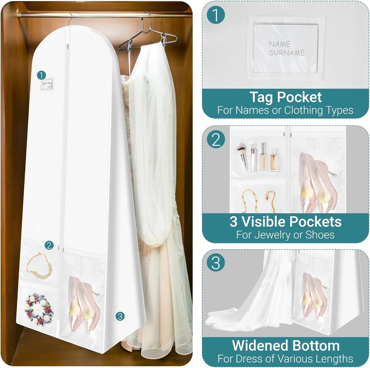 White Wedding Dress Garment Bag with Portable Bride Tote Bag, 16" Wide Gusset Dress Bags for Gowns & Long Prom Dresses, Wedding Dress Bag for Traveling Women, with 3 Pockets, 70x24x16" 3pcs