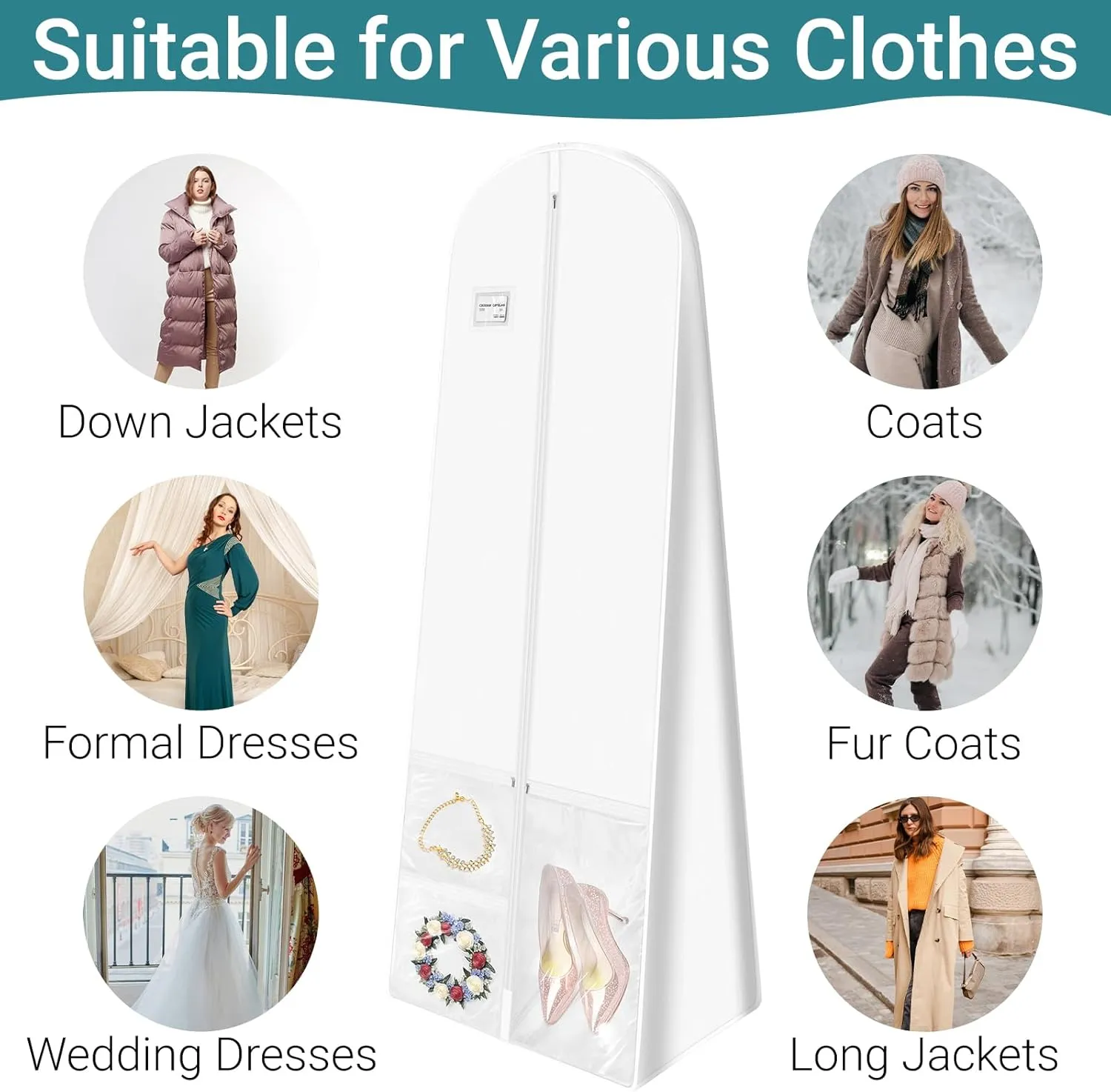 White Wedding Dress Garment Bag with Portable Bride Tote Bag, 16" Wide Gusset Dress Bags for Gowns & Long Prom Dresses, Wedding Dress Bag for Traveling Women, with 3 Pockets, 70x24x16" 3pcs