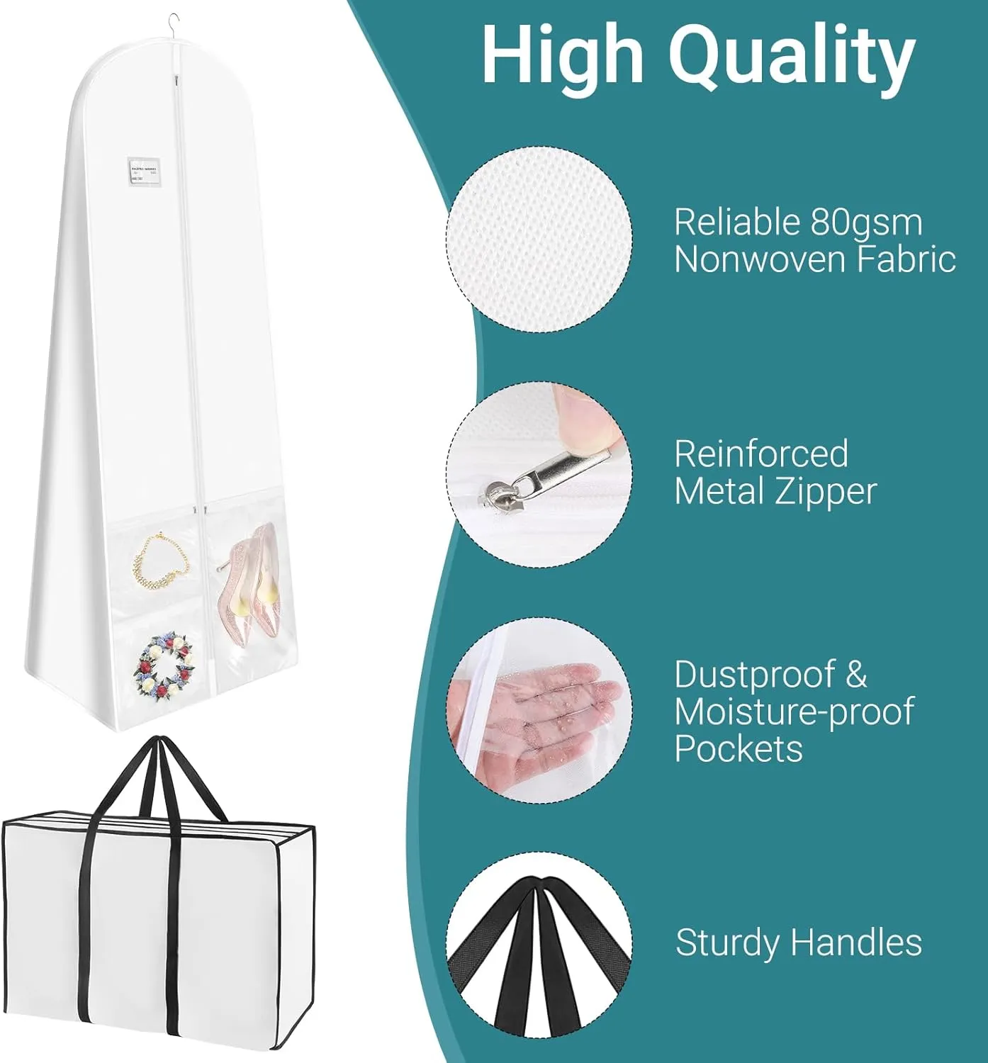 White Wedding Dress Garment Bag with Portable Bride Tote Bag, 16" Wide Gusset Dress Bags for Gowns & Long Prom Dresses, Wedding Dress Bag for Traveling Women, with 3 Pockets, 70x24x16" 3pcs
