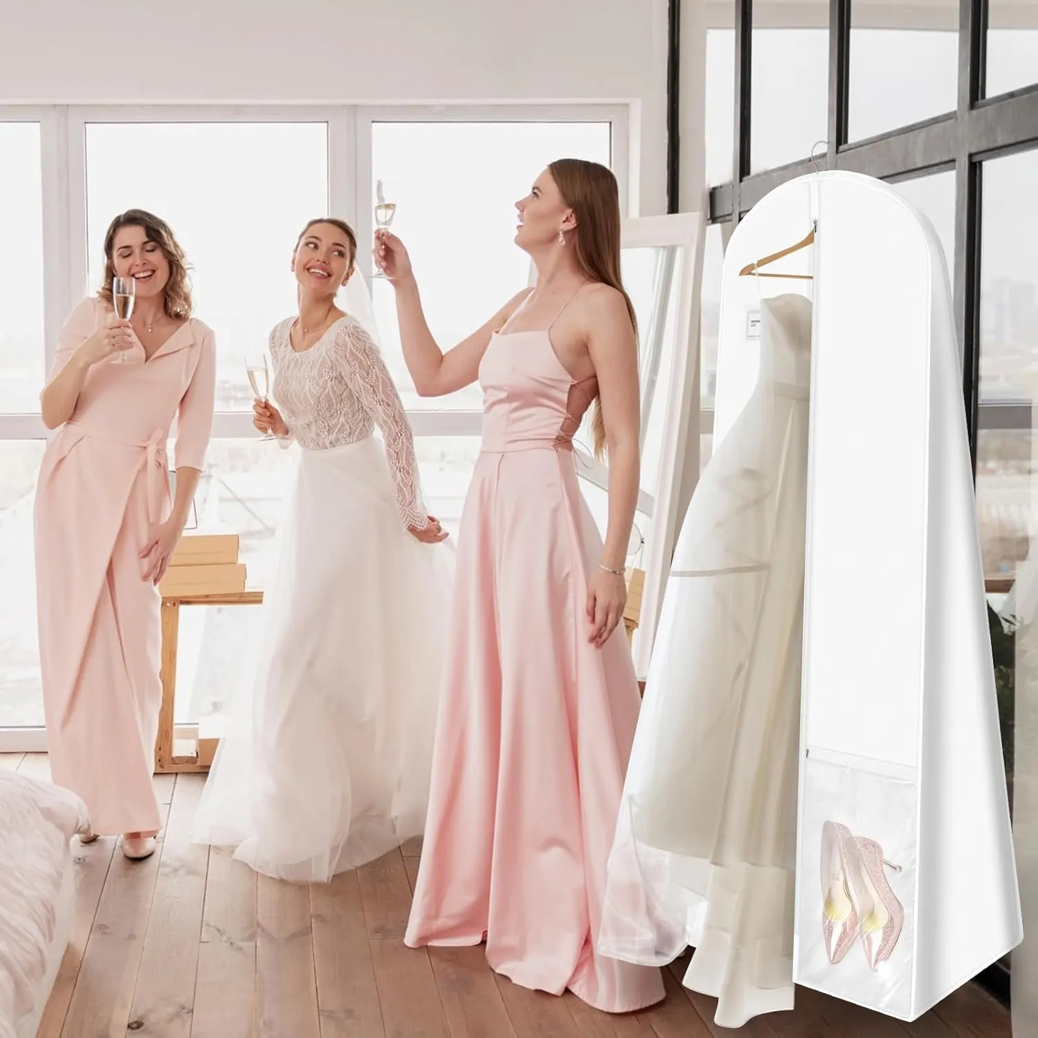 White Wedding Dress Garment Bag with Portable Bride Tote Bag, 16" Wide Gusset Dress Bags for Gowns & Long Prom Dresses, Wedding Dress Bag for Traveling Women, with 3 Pockets, 70x24x16" 3pcs