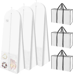White Wedding Dress Garment Bag with Portable Bride Tote Bag, 16" Wide Gusset Dress Bags for Gowns & Long Prom Dresses, Wedding Dress Bag for Traveling Women, with 3 Pockets, 70x24x16" 3pcs