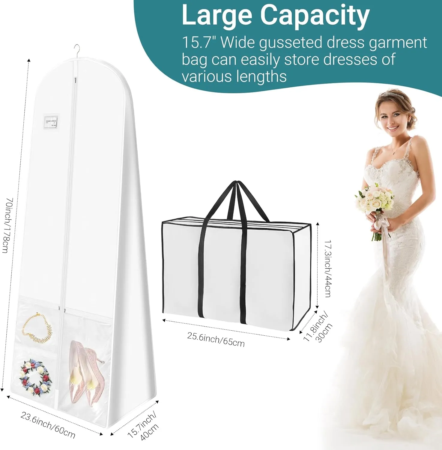 White Wedding Dress Garment Bag with Portable Bride Tote Bag, 16" Wide Gusset Dress Bags for Gowns & Long Prom Dresses, Wedding Dress Bag for Traveling Women, with 3 Pockets, 70x24x16" 3pcs