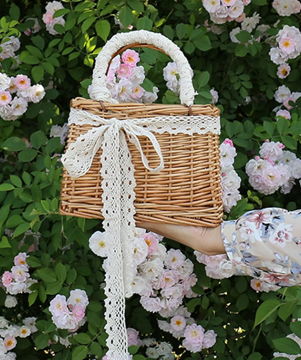 Wicker Basket Lace Ribbon Handbag Vacation Wedding Woven Handbag Drawstring Inner Pouch Daily Use Gift