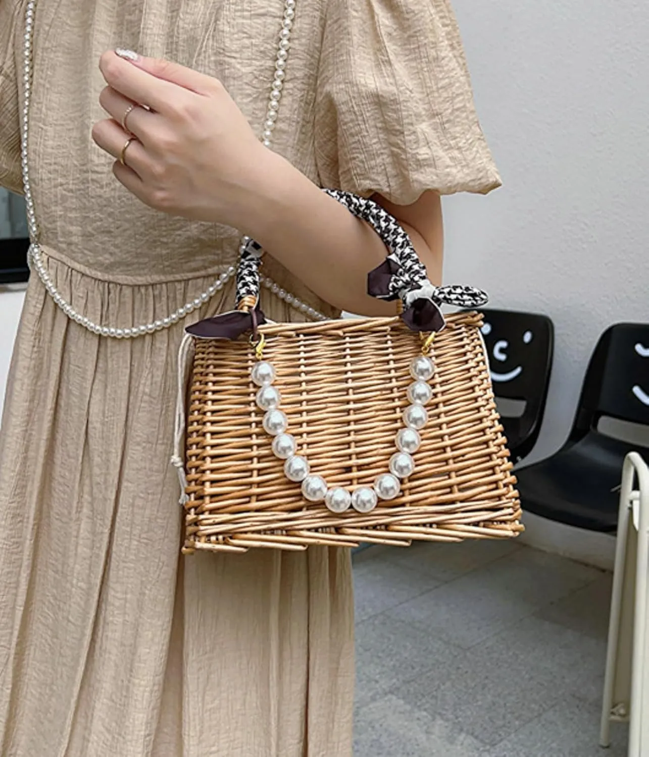Wicker Basket Lace Ribbon Handbag Vacation Wedding Woven Handbag Drawstring Inner Pouch Daily Use Gift