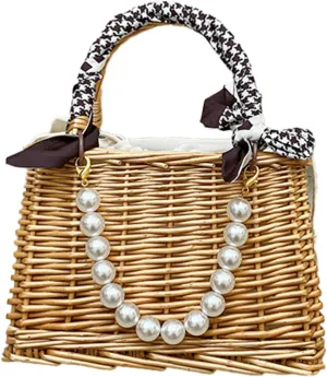Wicker Basket Lace Ribbon Handbag Vacation Wedding Woven Handbag Drawstring Inner Pouch Daily Use Gift