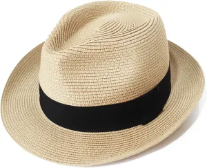 Wildarms Fedora Straw Sun Hat for Men Women Foldable Roll Up Short Brim Trilby Hat Panama Beach Hat