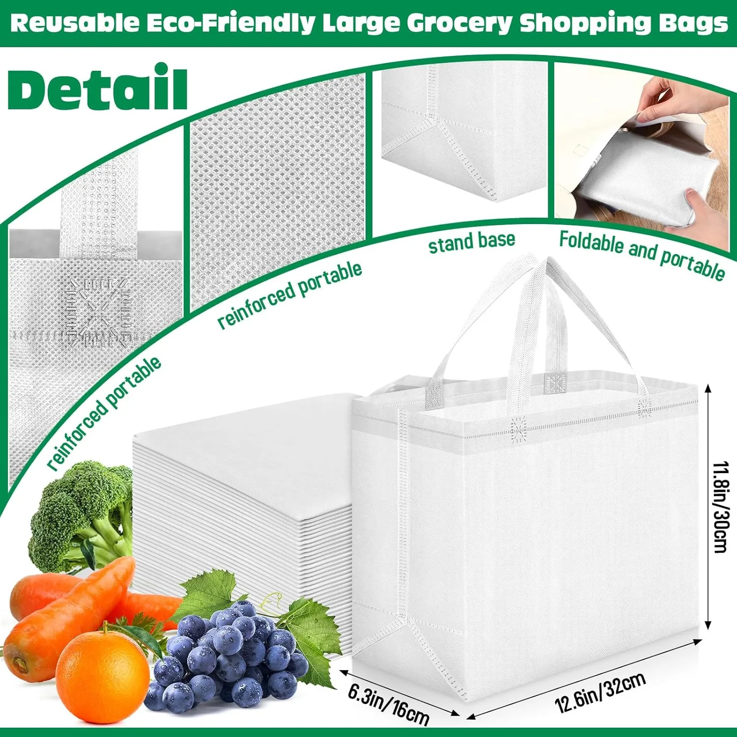 Windyun 200 Pcs Reusable Grocery Bags Large Non Woven Shopping Bags Foldable Portable Tote Carryall Bulk