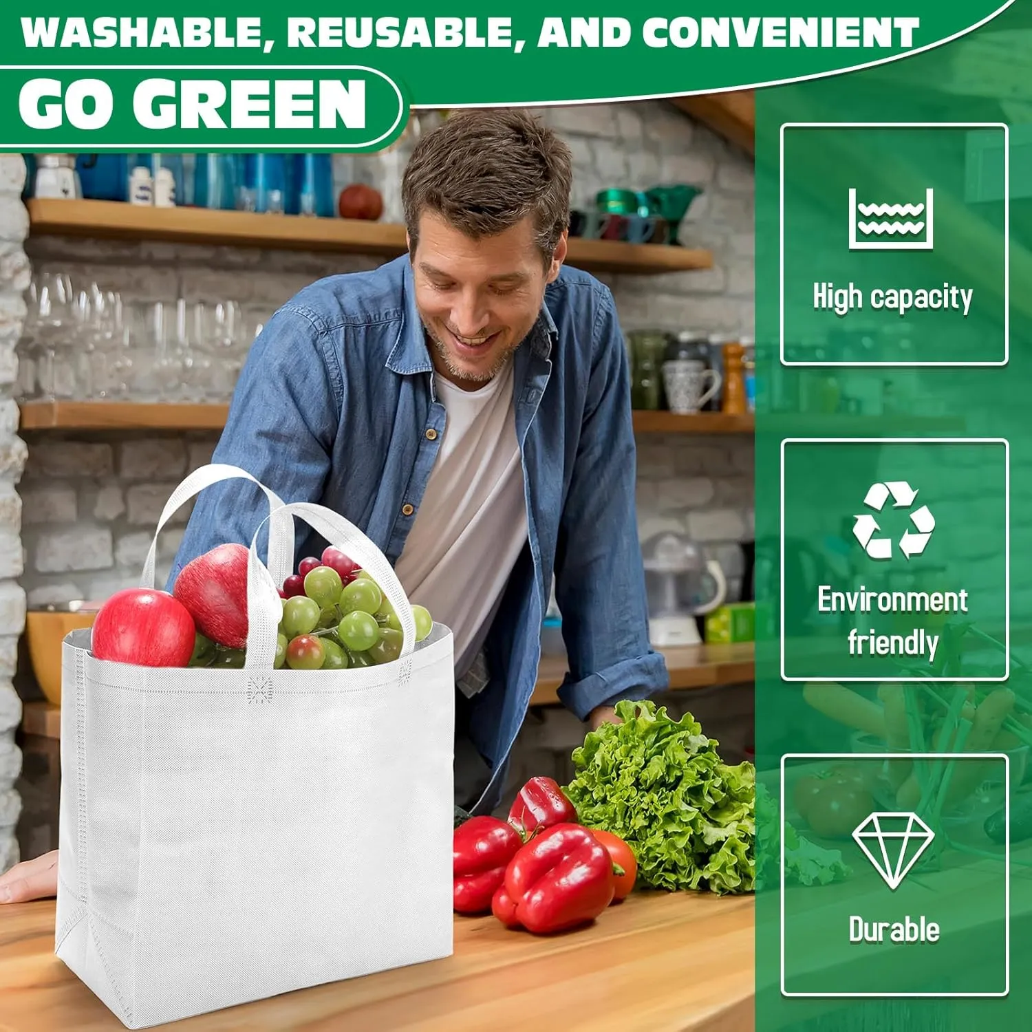 Windyun 200 Pcs Reusable Grocery Bags Large Non Woven Shopping Bags Foldable Portable Tote Carryall Bulk