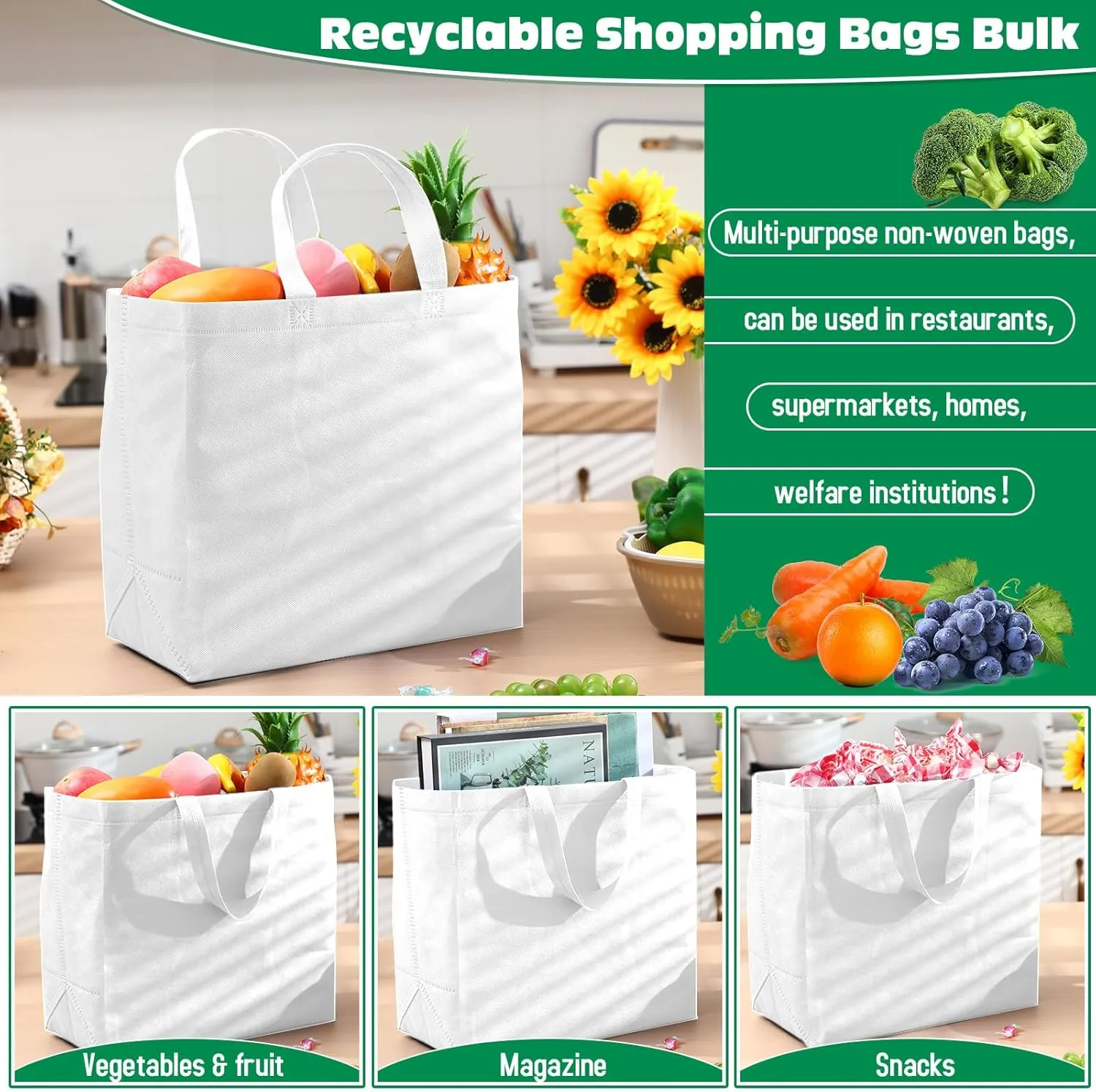 Windyun 200 Pcs Reusable Grocery Bags Large Non Woven Shopping Bags Foldable Portable Tote Carryall Bulk