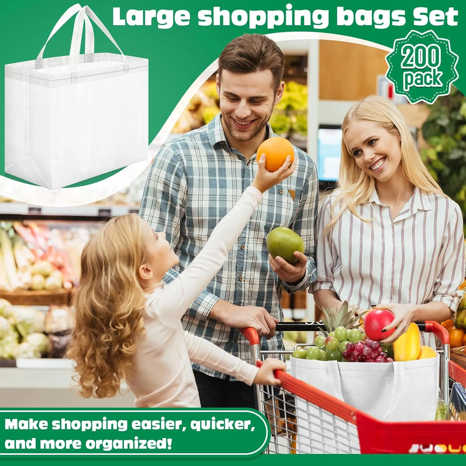 Windyun 200 Pcs Reusable Grocery Bags Large Non Woven Shopping Bags Foldable Portable Tote Carryall Bulk