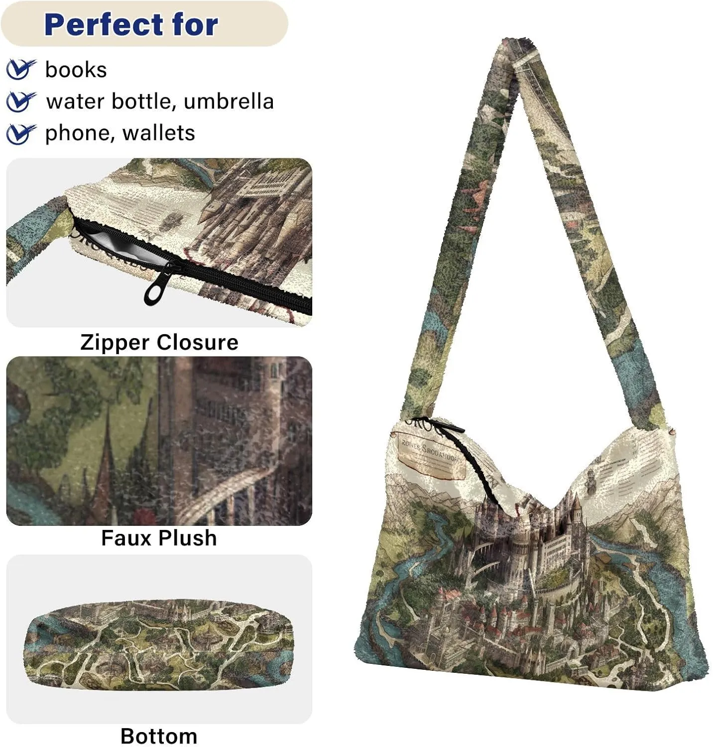 Winter Christmas Forest Deer Plush Shoulder Bag, Book Bags for Women, Autumn Handbags