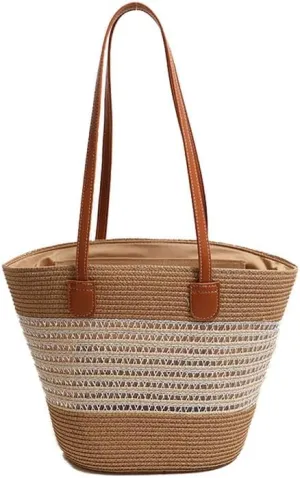 Women Beach Bags Summer Tote Bag Large Woven Straw Bucket Purse for Vacation Holiday Stripes Shoulder Handbag Beige