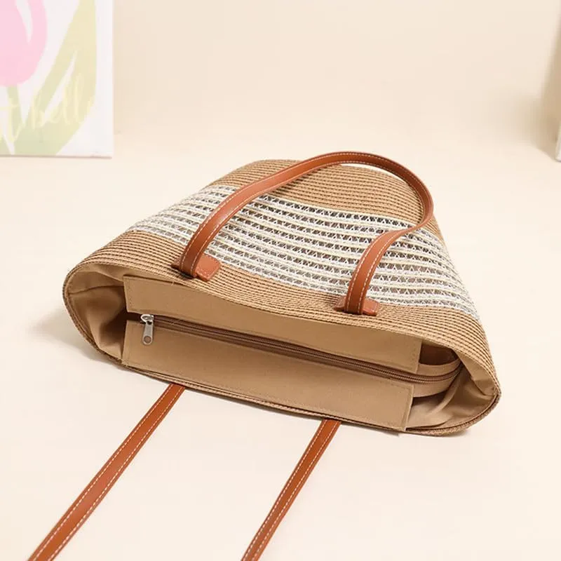Women Beach Bags Summer Tote Bag Large Woven Straw Bucket Purse for Vacation Holiday Stripes Shoulder Handbag Beige