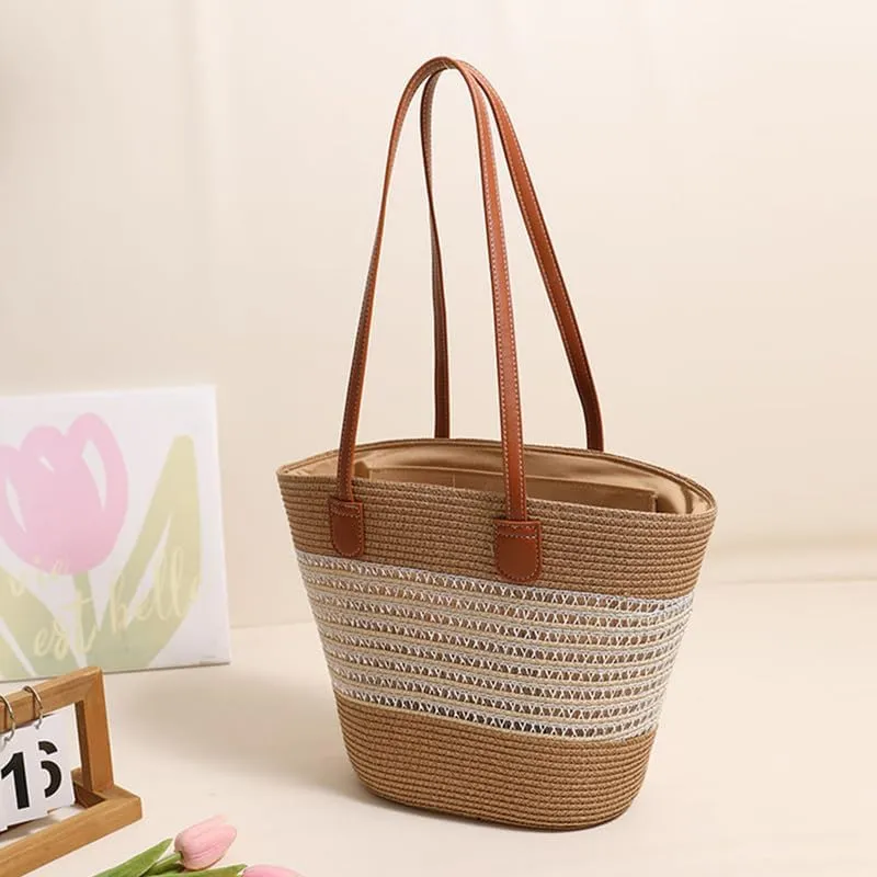 Women Beach Bags Summer Tote Bag Large Woven Straw Bucket Purse for Vacation Holiday Stripes Shoulder Handbag Beige