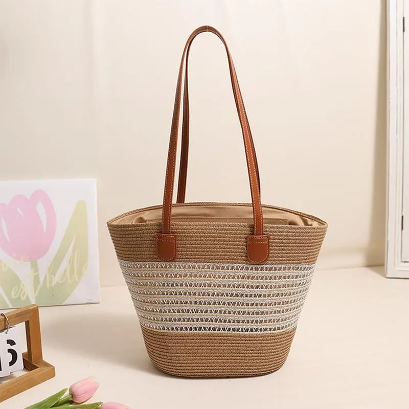 Women Beach Bags Summer Tote Bag Large Woven Straw Bucket Purse for Vacation Holiday Stripes Shoulder Handbag Beige